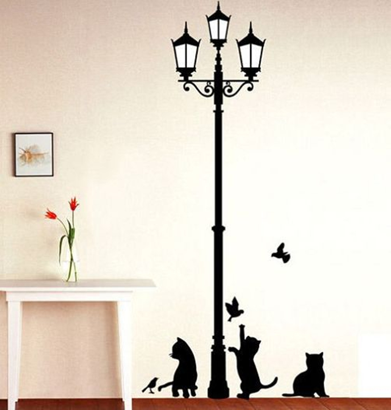 Image of Free Shipping Popular Ancient Lamp Cats and Birds Wall Sticker Wall Mural Home Decor Room Kids Decals Wallpaper