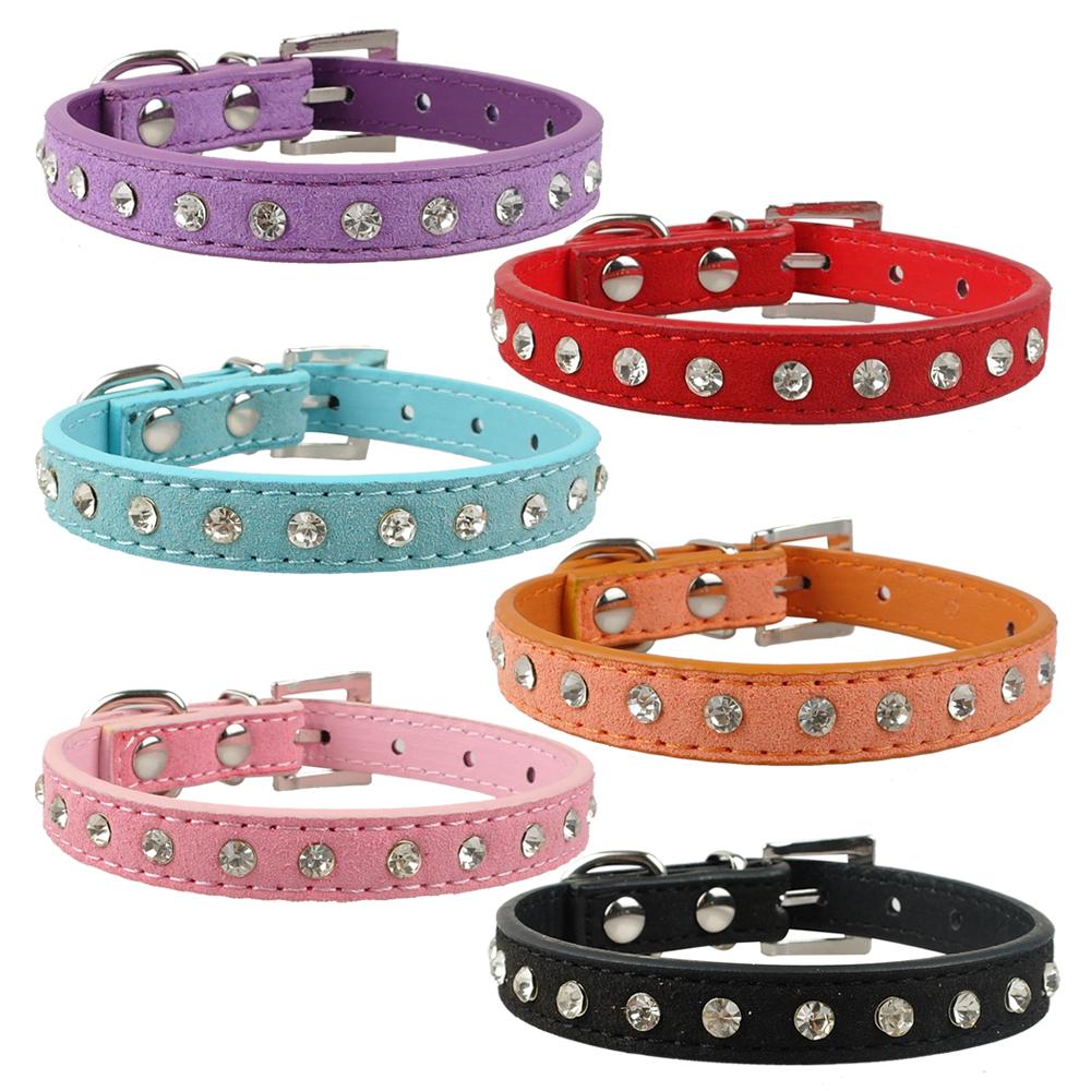 Image of Clear Rhinestones Diamante Soft Suede Leather Dog Puppy Cat Collars 3 Sizes