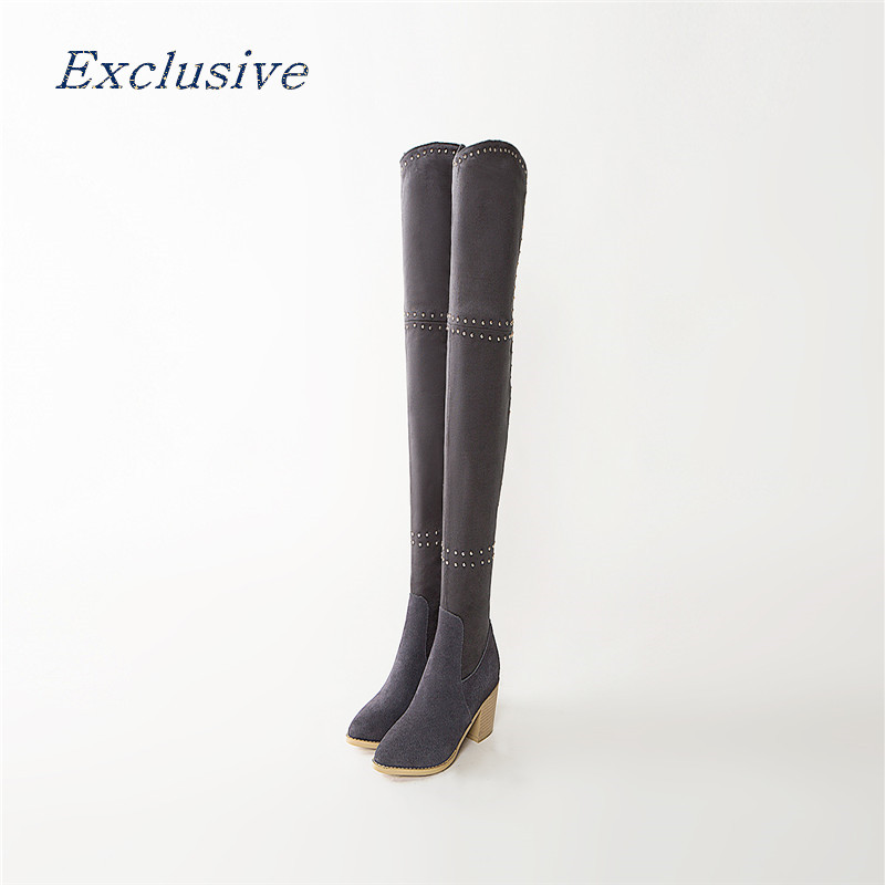 Rivets Knee Boots Winter Short Plush Nubuck Leather Thick With Long Boots High Quality Sheepskin Pointed Toe Rivets Knee Boots