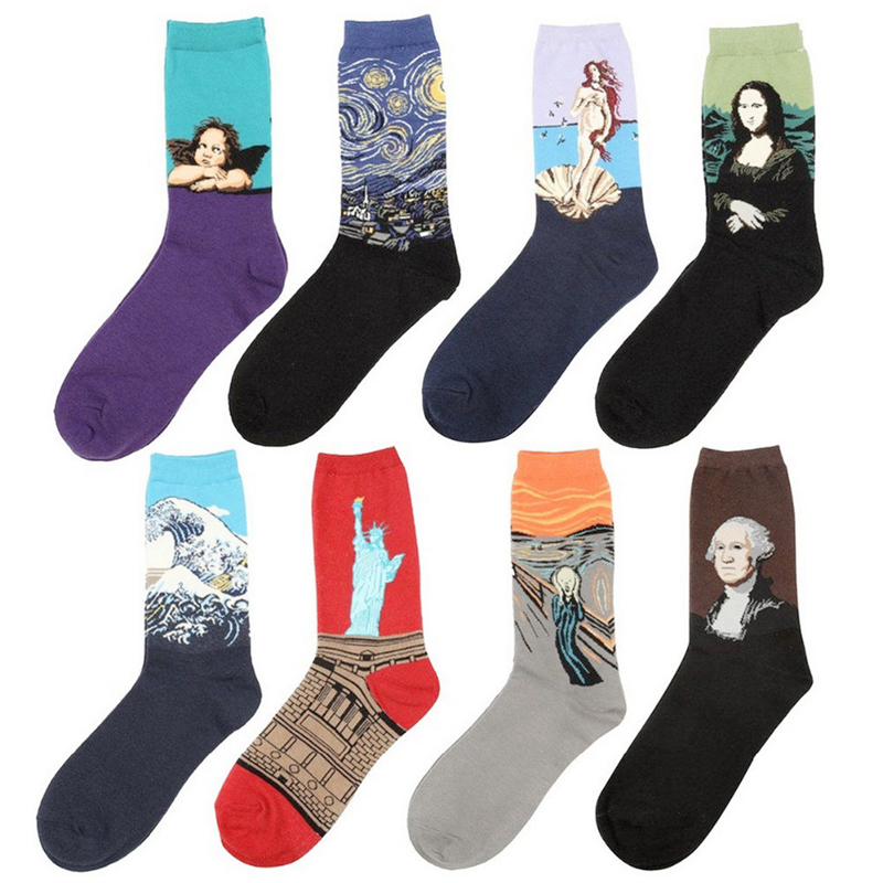 Image of Men's vintage art abstract painting pattern cotton socks women retro harajuku street fashion sport long socks wholesale