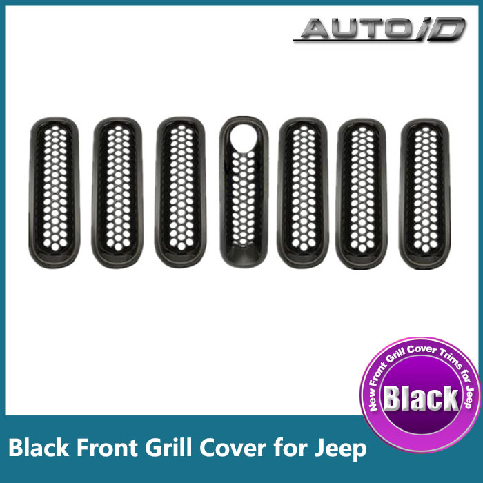 7PCS Black ABS Mesh Front Insert Grille Trim Cover With Lock Hole For Jeep Wrangler JK 2007-2014