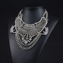 2015 Fashion Vintage Multilayer Maxi necklace Antique Silver Crystal Collar bib Gypsy necklaces pendants women fine