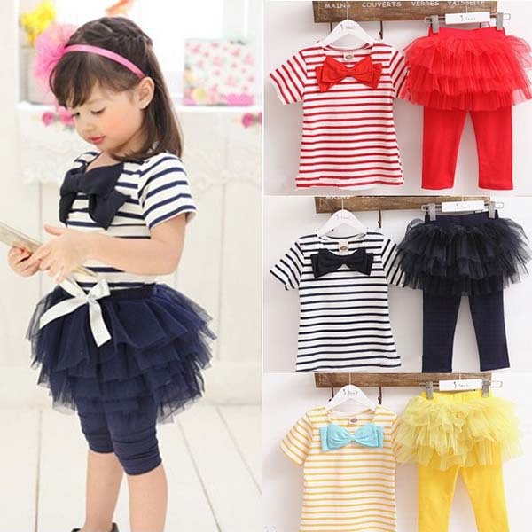 Hot Sale Kid Girl Stripe Bow Top T shirt Tutu Skirt Leggings Culottes 2pcs Outfit Sets