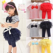 Hot Sale Kid Girl Stripe Bow Top T shirt Tutu Skirt Leggings Culottes 2pcs Outfit Sets