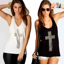 Hotsale New Retri Lady Girl Diamond Cross Vest Tops Hollow Back set Loose Shirt