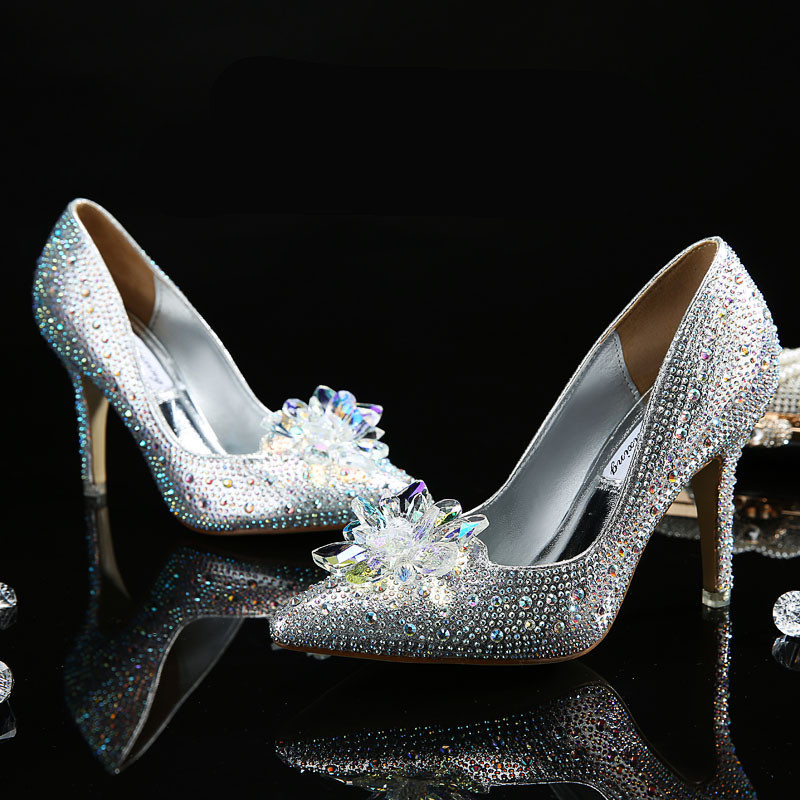 Cinderella Shoes New 2016 Women Pumps Sexy Prom Rhinestone Wedding Shoes Bridal High Heels Pointed Toe