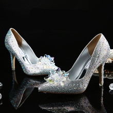 Cinderella Shoes New 2016 Women Pumps Sexy Prom Rhinestone Wedding Shoes Bridal High Heels Pointed Toe Silver