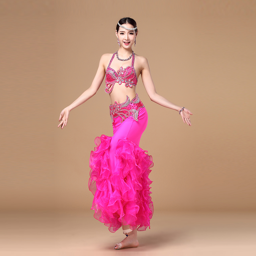 Performance Belly Dancing Luxury Egyptian Costumes Oriental 3pcs Suit Rhinestone Bra Belt and Skirt Belly Dance Costume Set