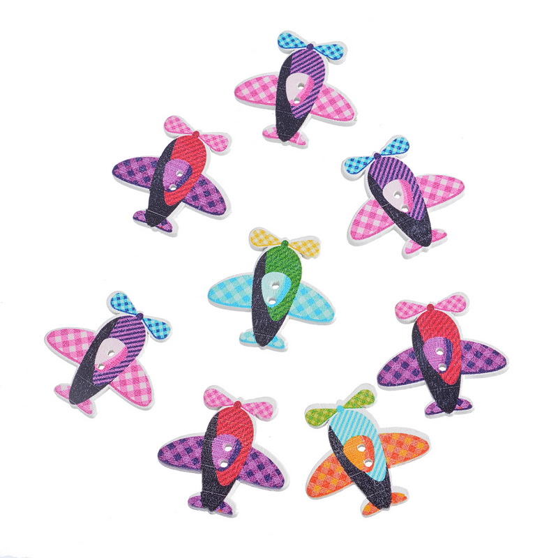 2 30PCs Multicolor font b Tartan b font Design Airplane Helicopter Shape 2 Holes Wood Buttons