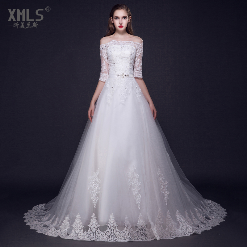 Vestido De Noiva New arrival 2015 fashion quality scoop neckline lace half sleeves with royal train