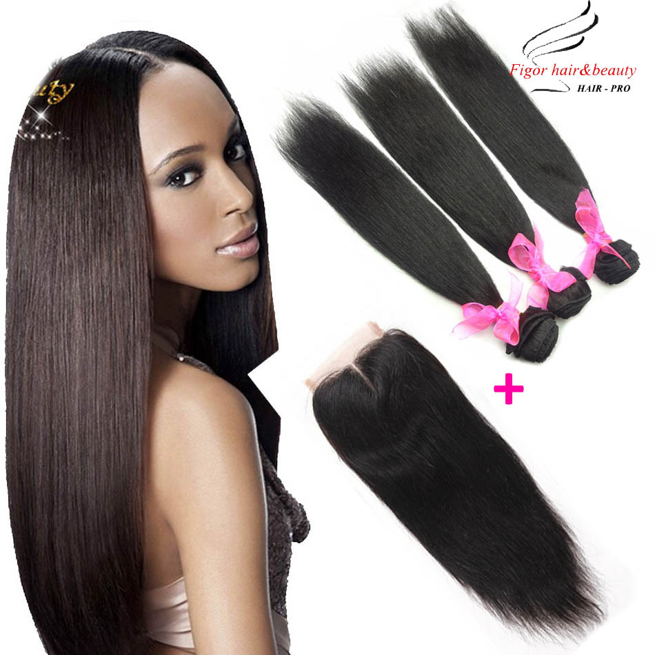 Image of Peruvian Virgin Hair with Closure 3 Bundles Straight Hair with Closure Piece Peruvian Hair Bundles Hair Weft with Lace Closure