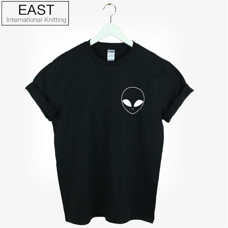 Image of EAST KNITTING New Women T shirt Alien Pocket Print Funny Casual Hipster Shirt For Lady White Black Grey Top Tees Hipster