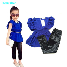 Humor Bear girls clothes fashion summer children girls clothing sets blue shirt dress black leggings cool