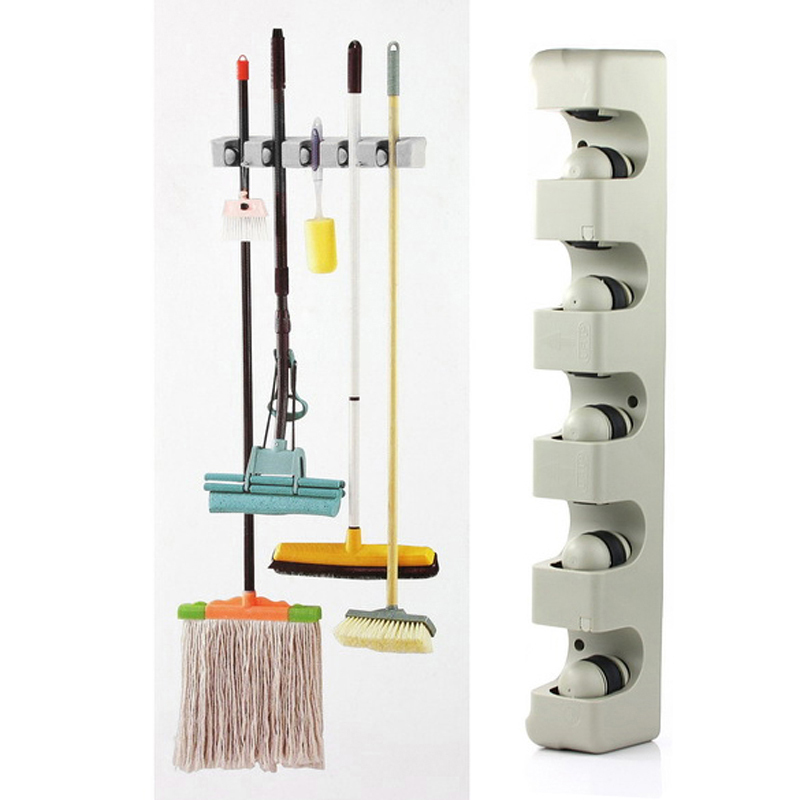 Image of Kitchen Wall Mounted Hanger 5 Position Kitchen Storage Mop Broom Holder Tool Plastic Wall Mounted Free Shipping