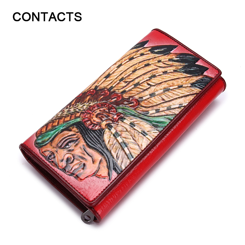 CONTACT&#39;S Women Wallets Purse Brand Design Indian Style Embossed Genuine Leather Lady Long ...