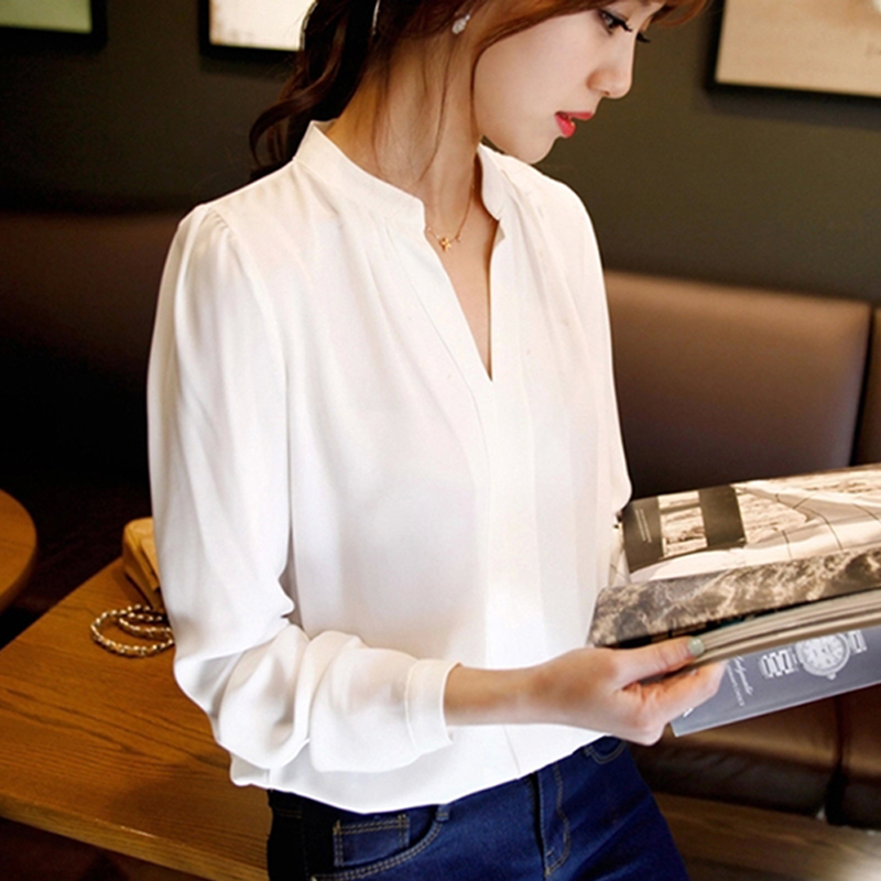 Image of 2015 summer womens chiffon blouse ladies White elegant sexy v-neck blouses long sleeve shirt female office shirt plus size