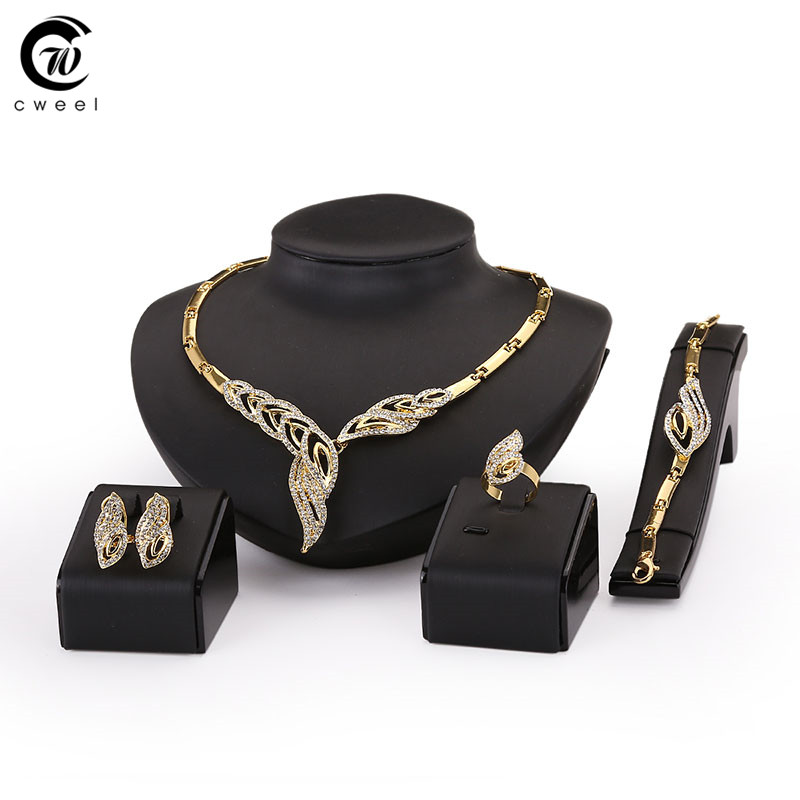 Image of Gold Plated Fine Jewelry Set For Women Beads Collar Necklace Earrings Bracelet Rings Sets Costume Latest Fashion Accessories