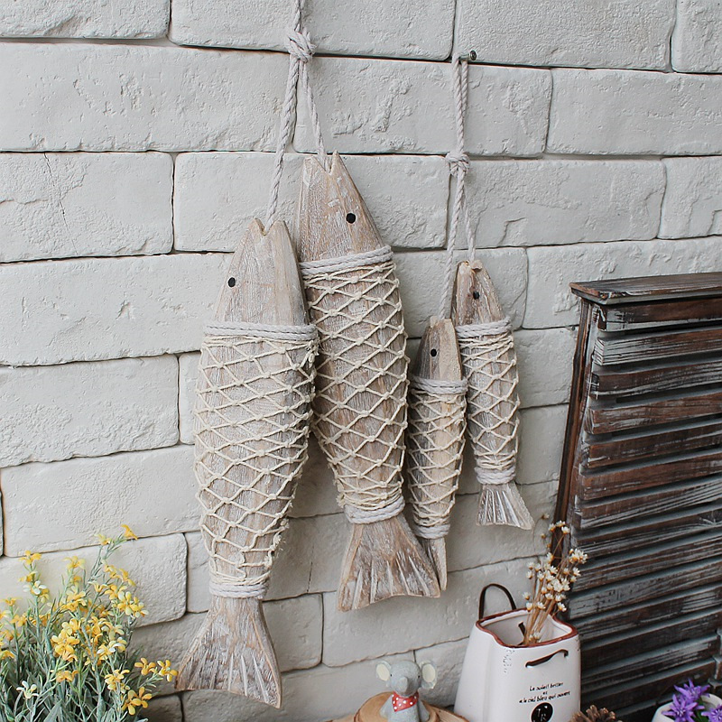 Image of Style Mediterranean Wooden Hanging Fish Village Decorated With And Handicrafts Animal Wall Decoration Marine Decor 2pcs/set