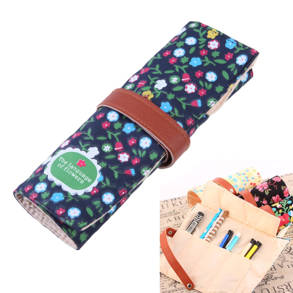 Гаджет  Hot Sale Cute Floral Canvas Roll Up Makeup Pen Pencil Case Purse Pouch Cosmetic Bag Green Free Shipping None Офисные и Школьные принадлежности