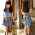 new 2016 girl dress with belt summer denim dress for girls brand kid girl jeans dress