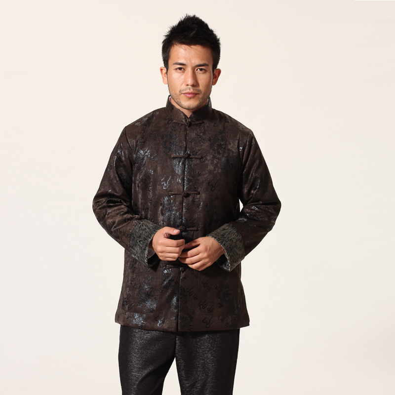 New Arrival Brown Chinese Traditional Men Jacket Kung Fu Coat With Dragon Mandarin Collar Overcoat Size M L XL XXL XXXL MN037