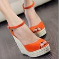 Woman Wedge High Heel New 2016 Candy Color Flock Sandals Open Toe Platform Summer Rome Pump