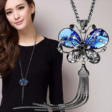 New Brand Vintage Blue Butterfly Necklace Crystal pendant necklace Zinc Alloy long Chain Fashion 2015 Women