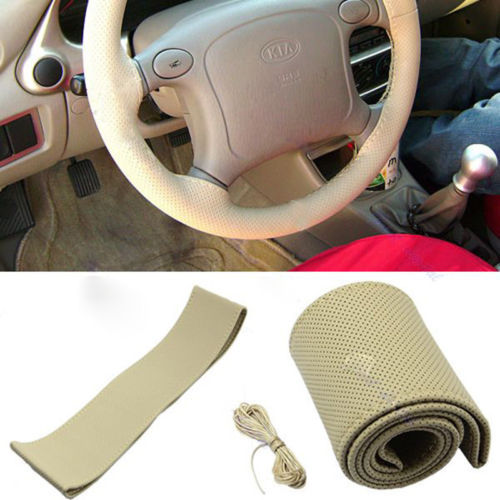 New Fashion Khaki PU Leather DIY Car Steering Wheel Cover With Needle and Thread Free Shipping