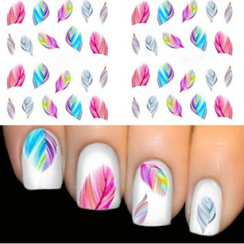 Image of 1pcs Feather Nail Art Decorations Transfer Decal Nail Stickers For Nails Water Rainbow Dreams bright color sheet