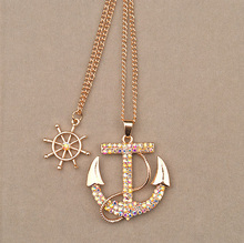 Fashion Women Chic Rhinestone Anchor Rubber Pendants Necklace Long Chain Sweater Necklace 2 Colors Crystal Free