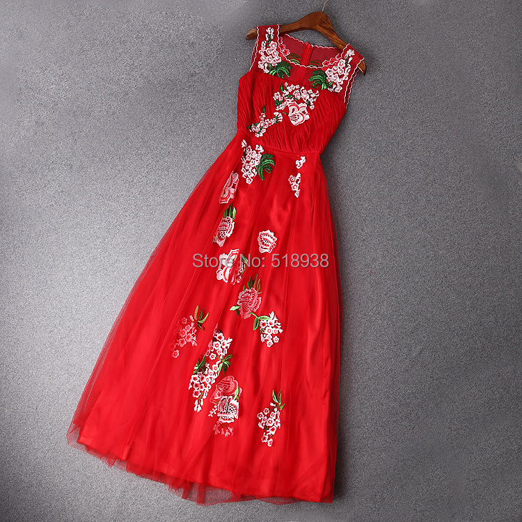 New 2015 spring summer luxury brand floral  embroidery women fashion dress handmade beading mesh floor length maxi long dresses