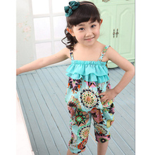 Free Shipping 2015 Summer New Children Clothing Sets Baby Girls Spaghetti Strap Top Twinset Harem Pants