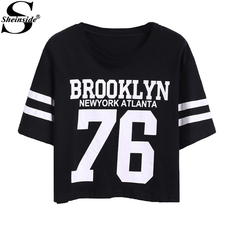 Image of Sheinside Summer Simple Cropped Tops 2016 Female Top Brand Casual Round Neck Short Sleeve Letters Print Crop T-Shirt