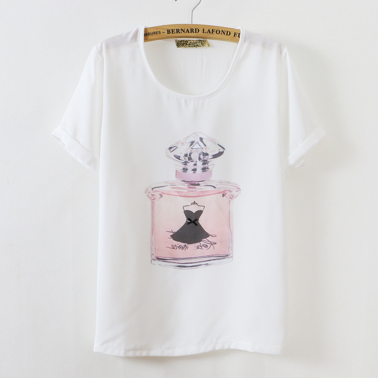 Print women\'s perfume bottle o-neck t-shirt chiffo...