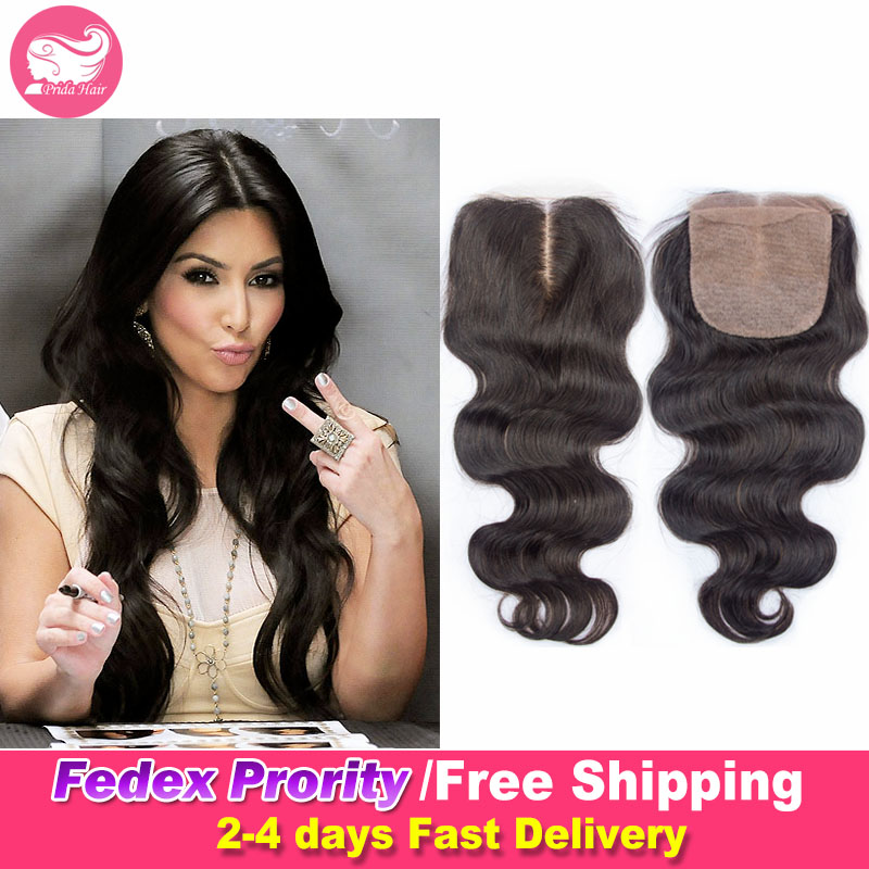 Image of 7A Brazilian Human Virgin Hair Silk Base Closure Middle Part 4x4 Bleached Knot Body Wave Brazilian Silk Base Lace Closure 3 Part