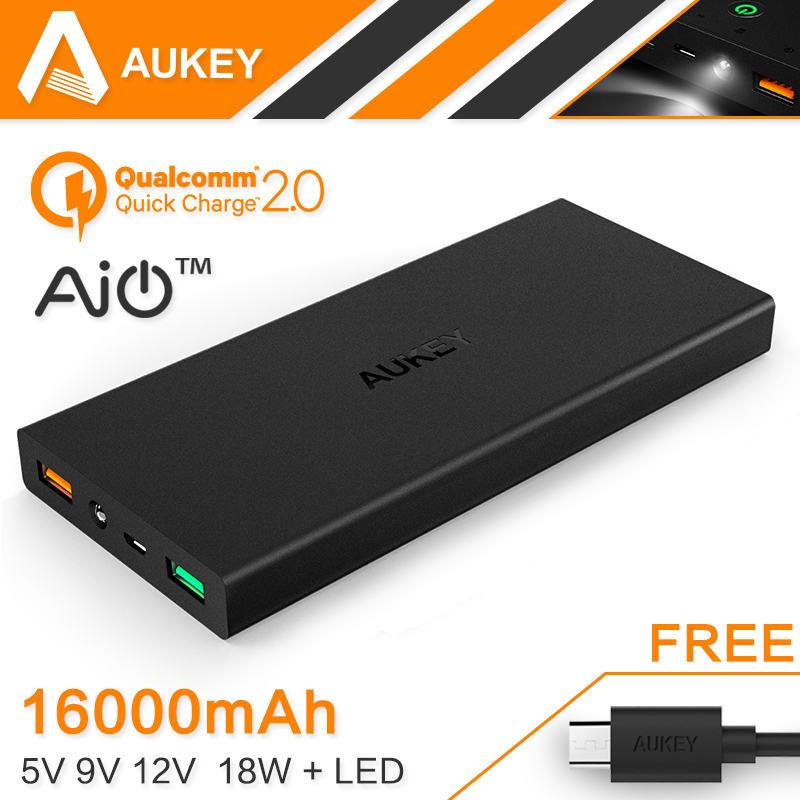Image of Aukey Quick Charge 2.0 16000mAh Portable External Battery 5V 9V 12V USB Dual Mobile Power Bank Support Quick Charge Input/Output