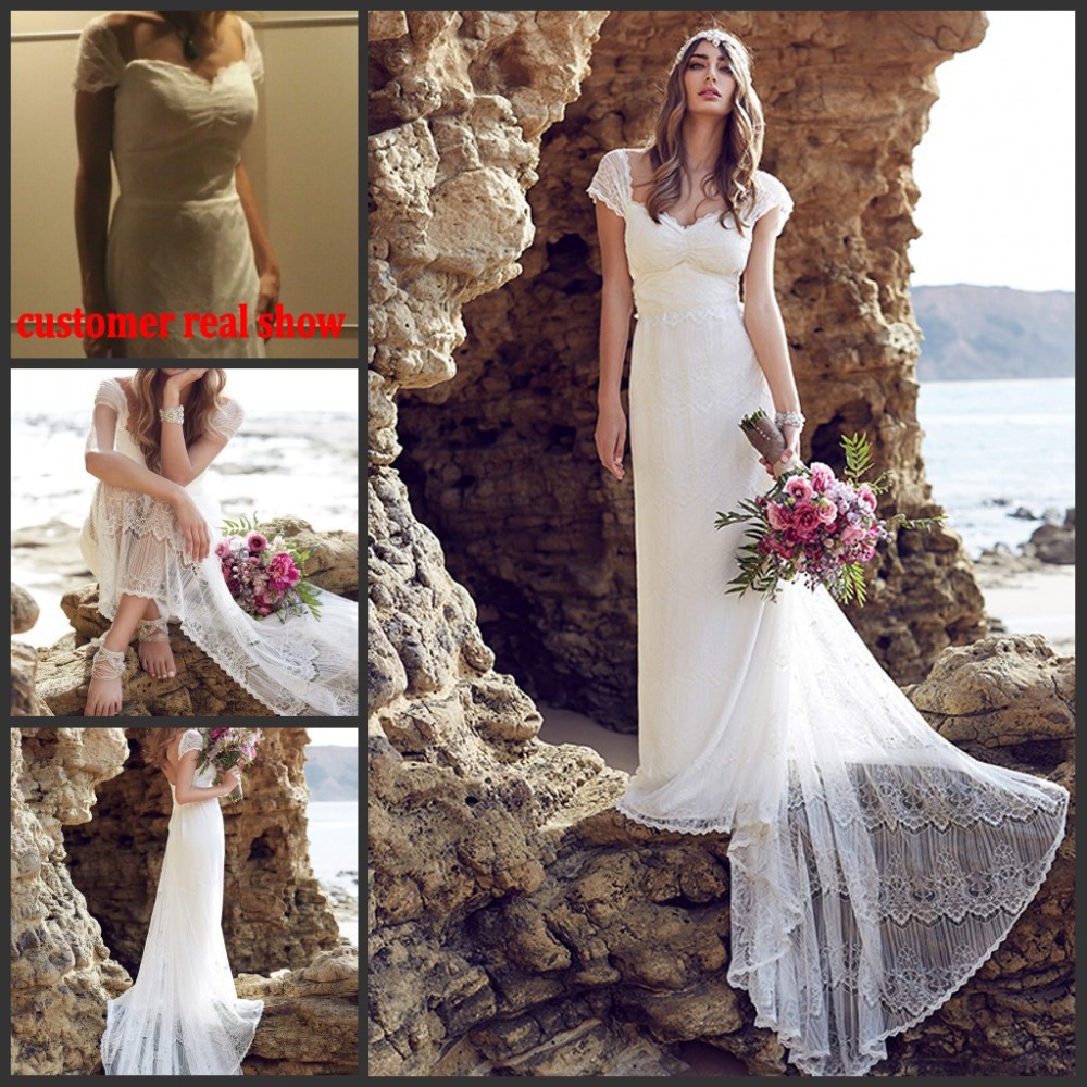 2016 Anna Campbell Lace Beach Wedding Dresses Cap Sleeves 