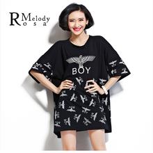 2015 Plus Size Women Clothing European Style Spring Letter Hawk Half Sleeve O-Neck Knitting Cotton Loose Dress(R.Melody DS0012)