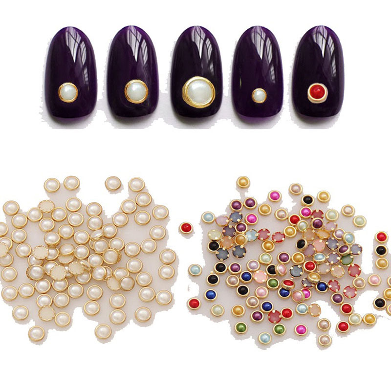 Image of Nails Tools 100Pcs DIY Rhinestone 3D Nail Art Decorations 4mm Metal Edge Glitters Half Round Pearls Beads Rhinestones For Nail