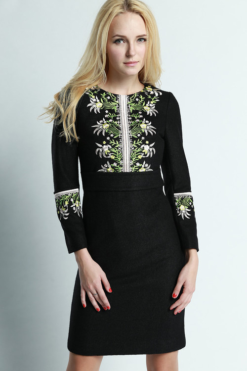 New Arrive 2015 European American Runway Brand High-End Full Sleeve Empire Embroidery Woolen Black Dress