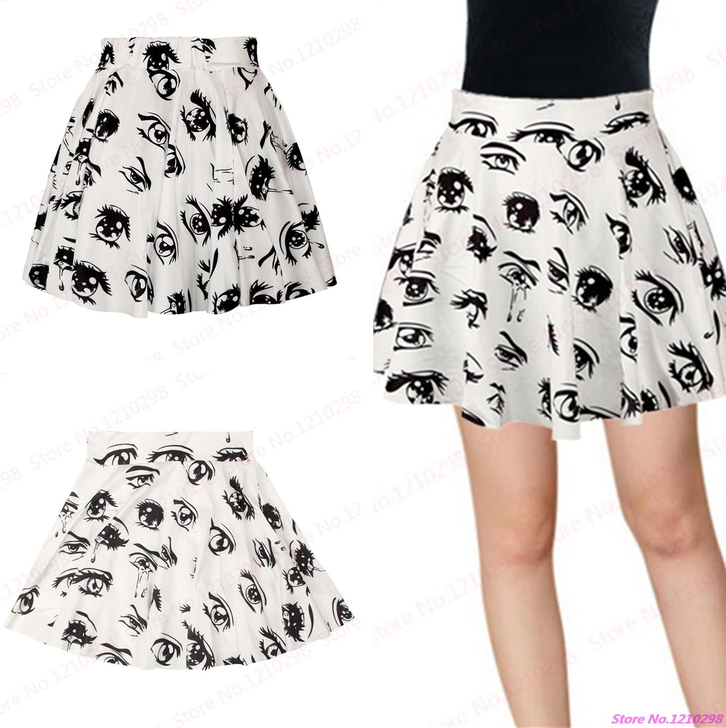 New White Women Skirt Black Big Eyes Print Pettiskirt Flared Pleated Miniskirt Sport Tennis Short Skirts
