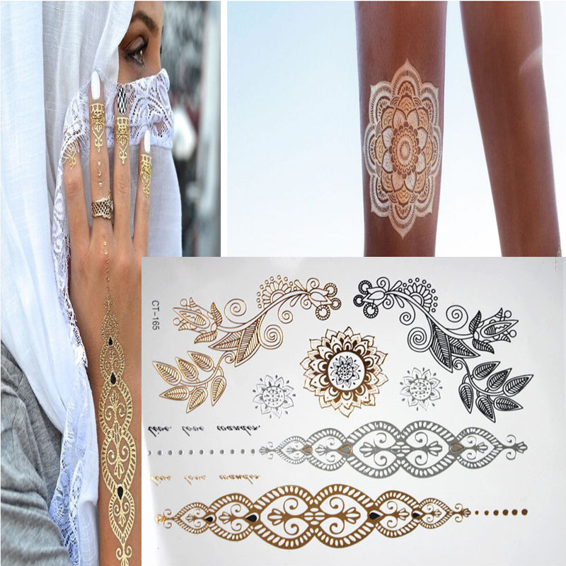Image of 2016 new metallic gold and silver temporary Flash henna tattoos sex product sticker metal jewelry Tatouage body paint