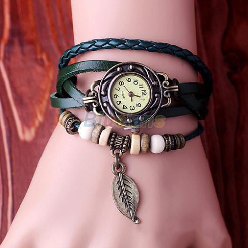 Retro Butterfly Leaf Fashion leather Bracelet Water Quartz Hand Clock Women Wrist Watch Wristwatch 1HHB