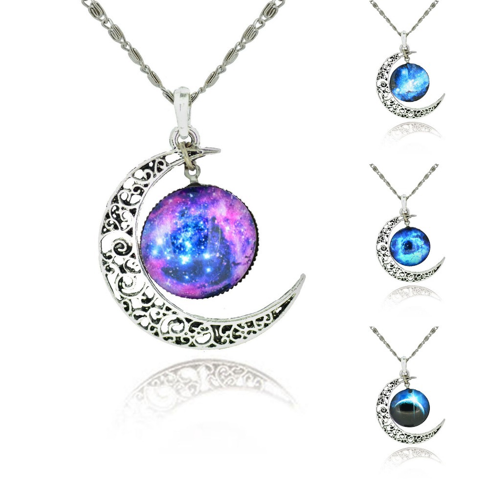 Image of 1 Pcs Hollow Moon & Glass Galaxy Statement Necklaces Silver Chain Pendants 2016 New Fashion Jewelry Collares Friend Best Gifts