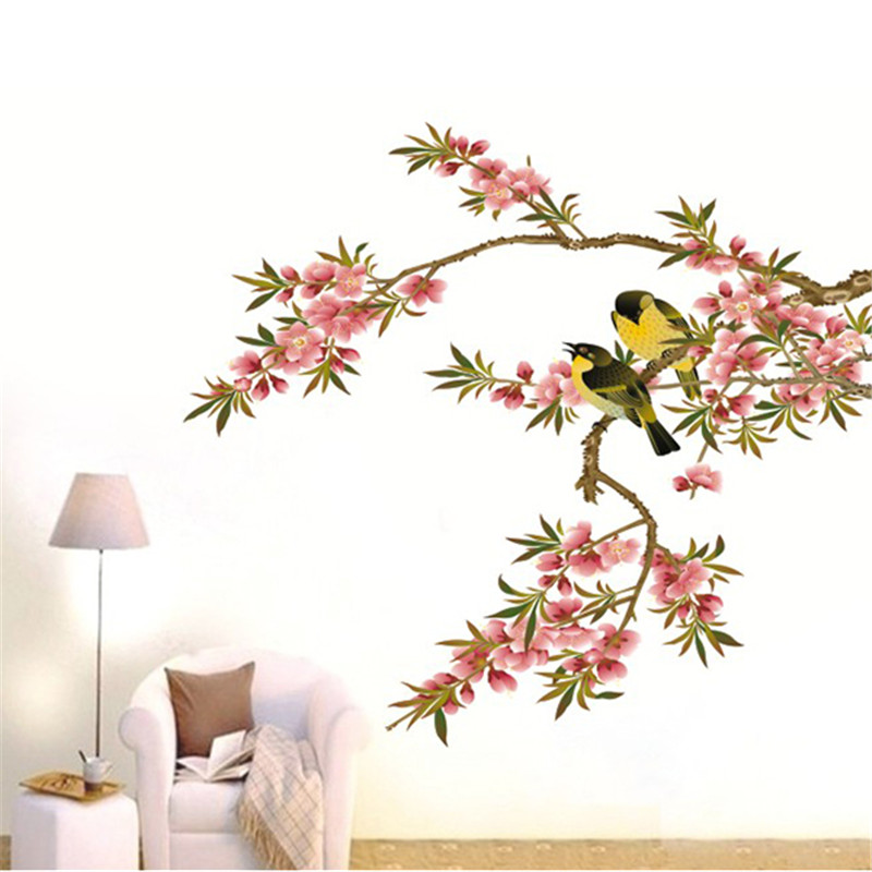 Image of Hot New DIY Wall Decal Peach Tree Branches Love Birds Removable Sticker Bedroom Art Home Decor High Quality Adesivo De Parede