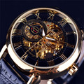 Luxury 3d Logo Design Hollow Engraving Black Gold Case Leather Skeleton Automatic Mechanical Watches Men Brand