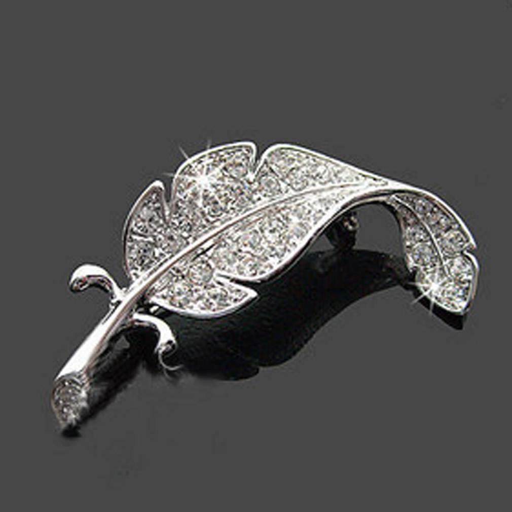 Image of Wholsale Crystal Brooches Silver Colored Feather Shape Brooch pins Lovely Clothes Sweater Accessories Gift