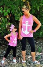 Mum and Me Outfit 2016 New Summer Women Girl Bow Back Tank Top Family Matching Clothes Hot Pink Sleeveless Anchor Tee Shirts