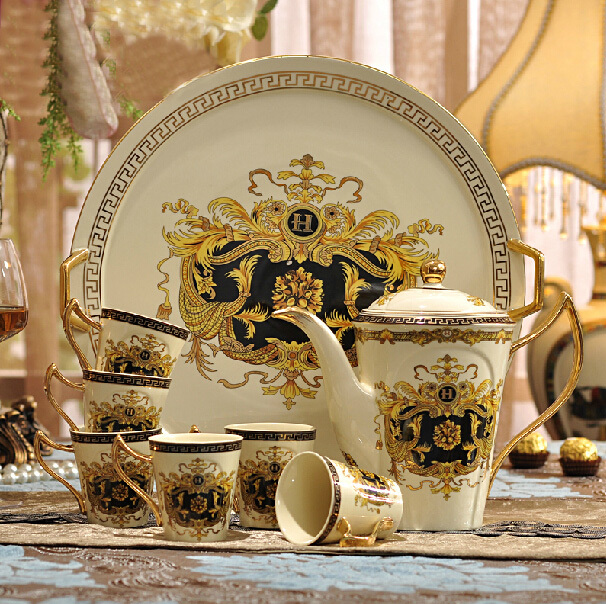 8 pieces luxury european style coffee set bone china tea set high quality Hermes theme coffee