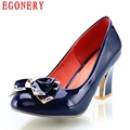 Spring New Patent Leather Sweet Bowtie Slip On Air Dress Shoes Square High Heels Pumps Women